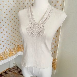 Boho Cotton Gauze Crochet Medallion Tank Top Cream Festival Blouse Small